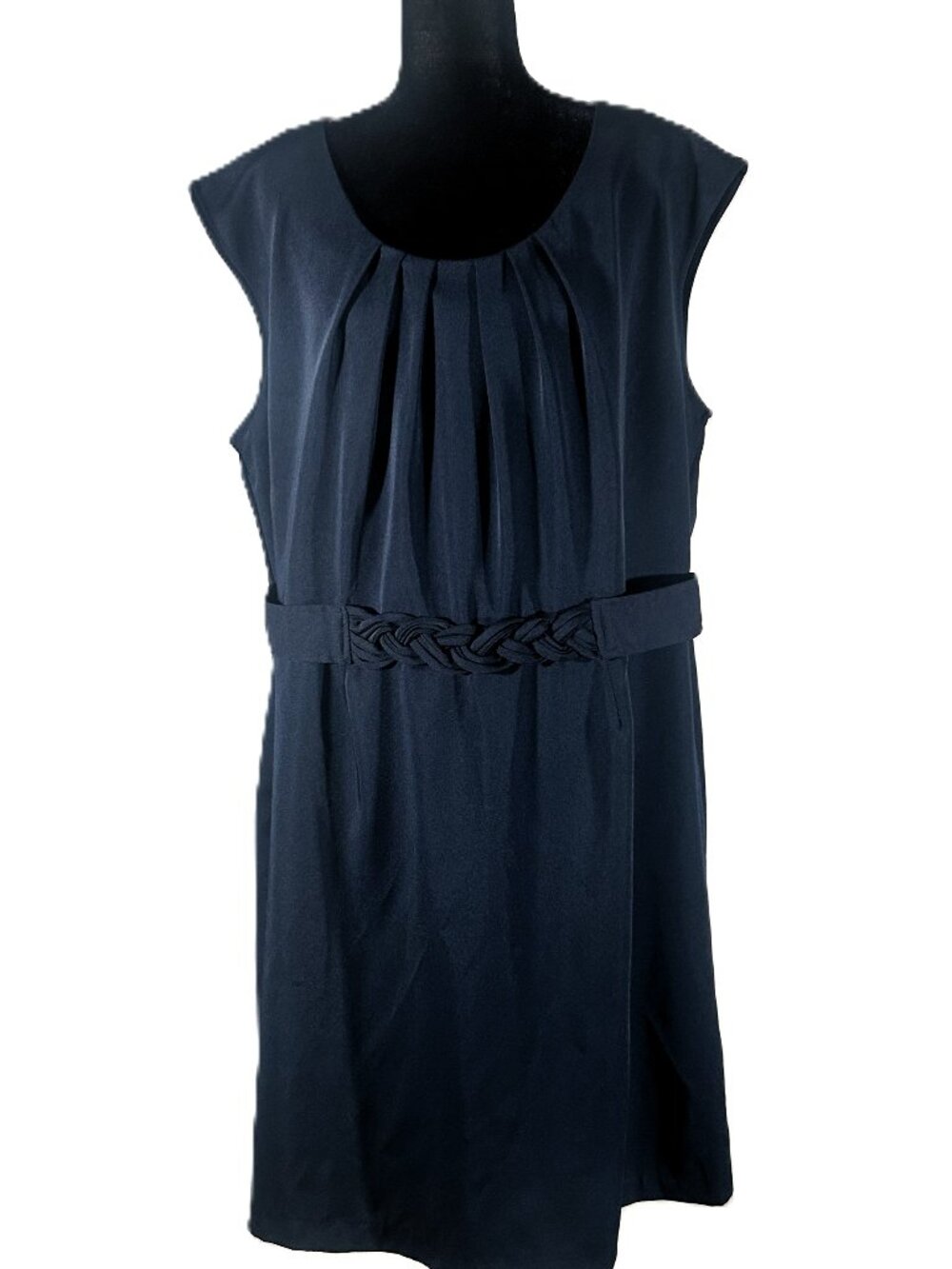 Olivia Matthews 20W Navy Pleated Midi Dress Braided Belt Sleeveless A-Line